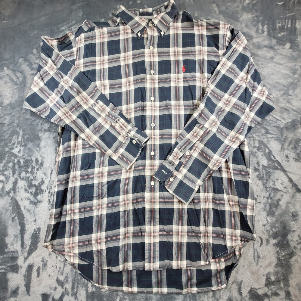 VTG Ralph Lauren‎ Blake Mens Large Plaid Button Down Shirt Navy Green Cotton L/S